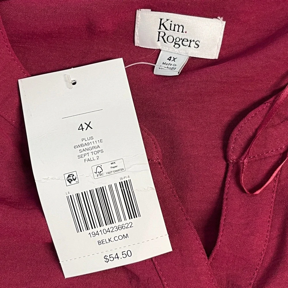 NWT Kim Rogers Womens 4X Sangria Red Pintuck Roll Tab 3/4 Sleeve Blouse Office